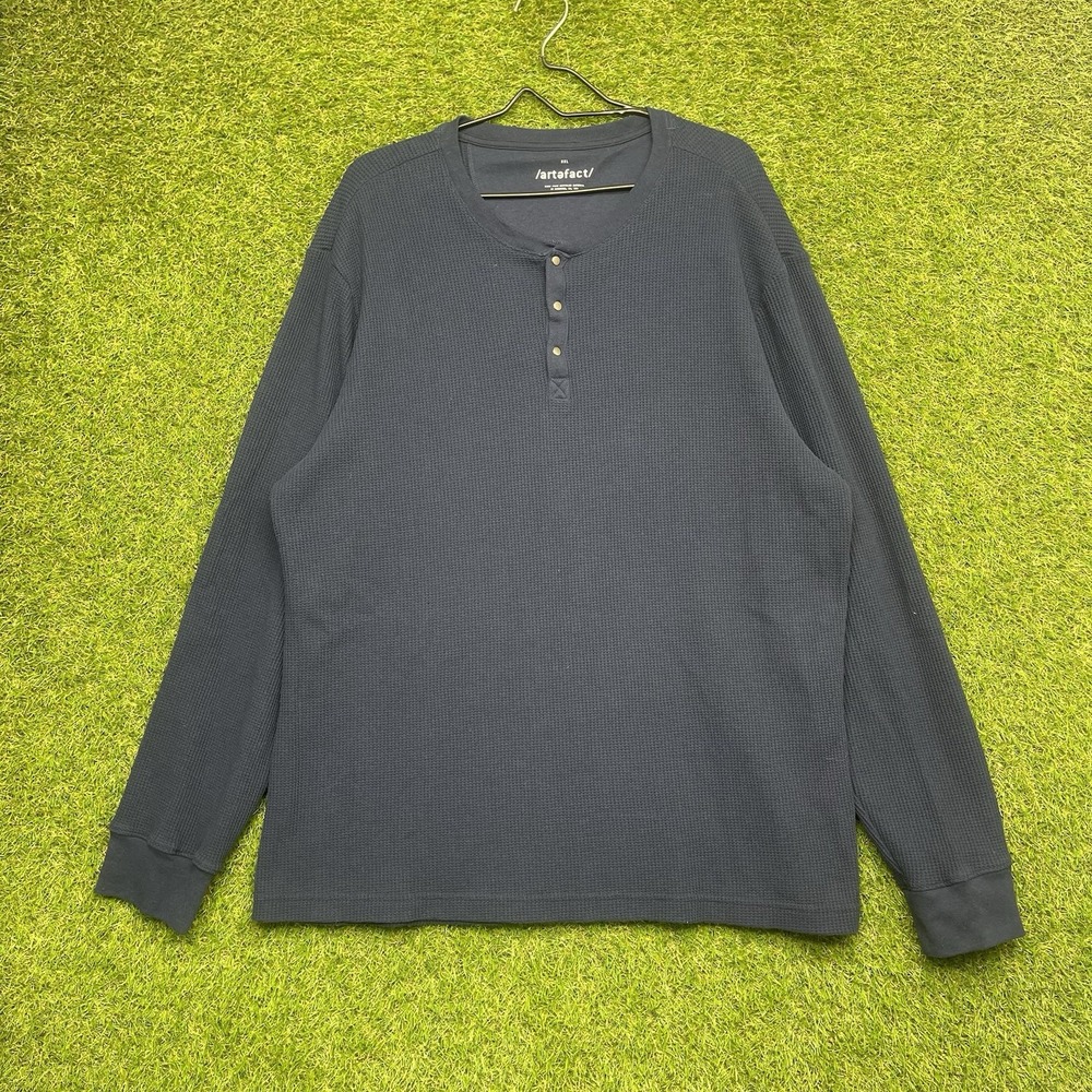 Artefact Henley Shirt Mens 2XL Pima Cotton Long Sleeve Navy Blue Waffle Knit